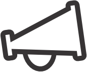 Ícone de megafone preto dentro de círculo branco, megafone estilizado com detalhes modernos